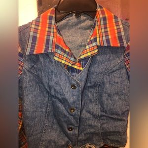 vintage 1970s denim vest w/ plaid undershirt